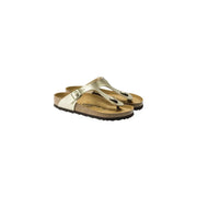 Birkenstock women gold slippers german made footwear featuring gold birkenstock gizeh sandals with cork footbed