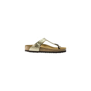 Birkenstock women gold slippers german made gold metallic gizeh sandal with cork footbed and black rubber sole