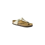 Birkenstock women gold slippers featuring a sleek metallic gold thong design with cork footbed german made footwear