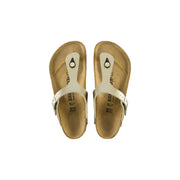 Birkenstock women gold slippers white gizeh sandals with classic thong design and tan leather footbed german made footwear
