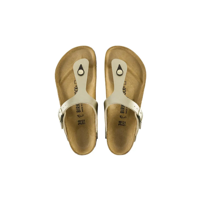 Birkenstock women gold slippers white gizeh sandals with classic thong design and tan leather footbed german made footwear