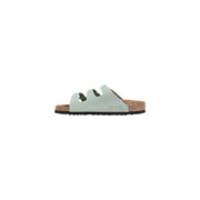 Light green birkenstock women leather open toe slippers with three straps and cork footbed