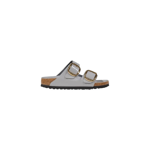 Birkenstock Damen-Sandalen Arizona aus hellgrauem Lackleder mit goldfarbenen Doppelschnallen und Korkfußbett