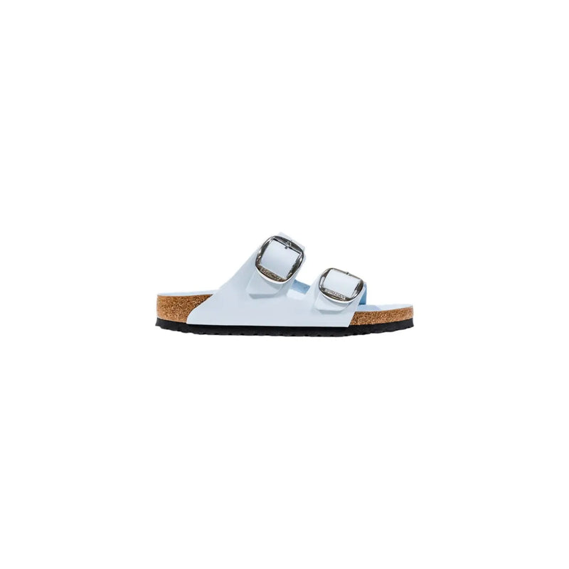 Birkenstock Damen-Sandalen Arizona aus Leder in Weiß mit silbernen Schnallenriemen und Korkfußbett, Ansicht von vorne