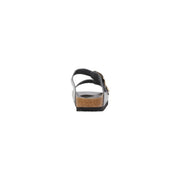 Birkenstock Damen-Sandalen „Arizona“ aus Leder in Grau mit schwarzen Lederriemen, Korkfußbett und Metallschnalle