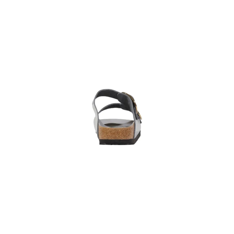 Birkenstock Damen-Sandalen „Arizona“ aus Leder in Grau mit schwarzen Lederriemen, Korkfußbett und Metallschnalle