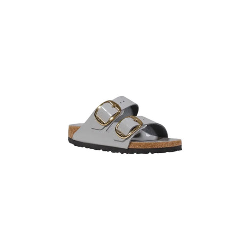Birkenstock Damen-Sandalen Arizona aus Leder, grau mit hellgrauen, goldfarbenen Riemen mit Schnallen und Korkfußbett