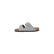 Birkenstock Damen-Sandalen Arizona aus Leder, grau, mit hellgrauen Lederriemen, Korkfußbett und schwarzer Gummisohle