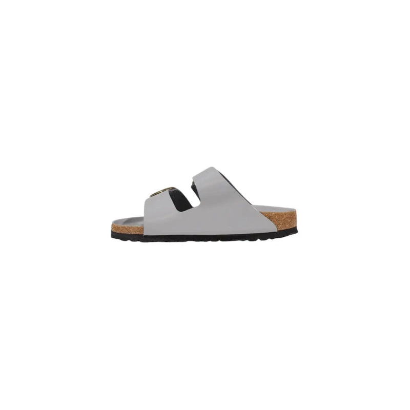 Birkenstock Damen-Sandalen Arizona aus Leder, grau, mit hellgrauen Lederriemen, Korkfußbett und schwarzer Gummisohle