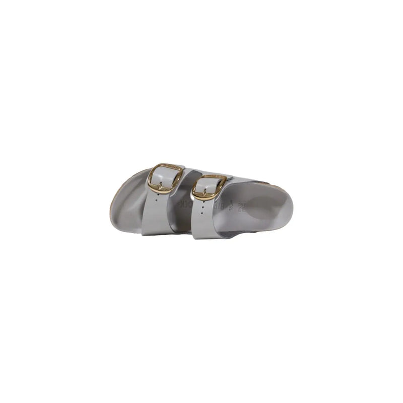 Birkenstock Damen-Sandalen Arizona aus grauem Leder mit silberfarbenem Leder und zwei goldfarbenen Schnallenriemen