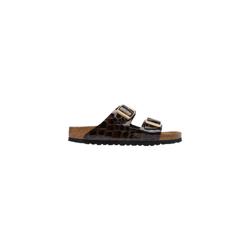 Brown croc-embossed patent leather Birkenstock Arizona sandal with gold buckles and cork footbed for women