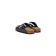 Birkenstock Damen-Ledersandalen Arizona in Schwarz mit schwarzen Riemen in Krokodiloptik, goldfarbenen Schnallen und Korkfußbett