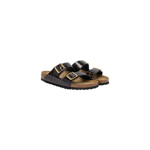 Birkenstock women leather sandals black Arizona with black crocodile embossed straps gold-tone buckles and cork footbed