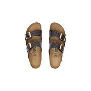 Birkenstock Damen-Ledersandalen Arizona in Schwarz aus dunkelbraunem, krokodilgeprägtem Leder mit goldfarbenen Schnallen und Logo-Innensohle