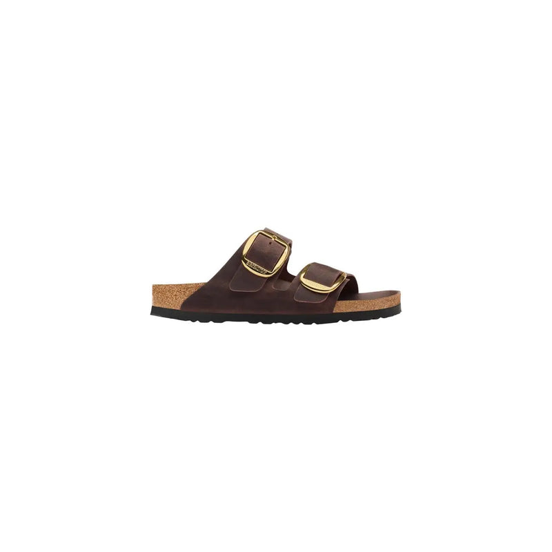 Birkenstock Damen-Ledersandalen Arizona, braun, mit goldfarbenen Schnallenriemen und Korkfußbett