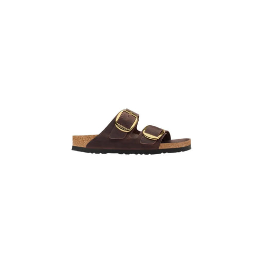 Birkenstock Damen-Ledersandalen Arizona, braun, mit goldfarbenen Schnallenriemen und Korkfußbett