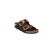 Birkenstock Damen-Ledersandalen Arizona, braun, mit zwei goldfarbenen Schnallenriemen und Korkfußbett, Vorderansicht