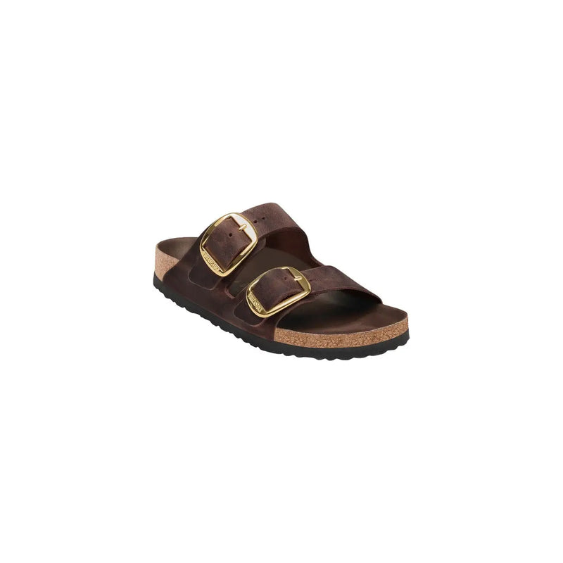 Birkenstock Damen-Ledersandalen Arizona, braun, mit zwei goldfarbenen Schnallenriemen und Korkfußbett, Vorderansicht