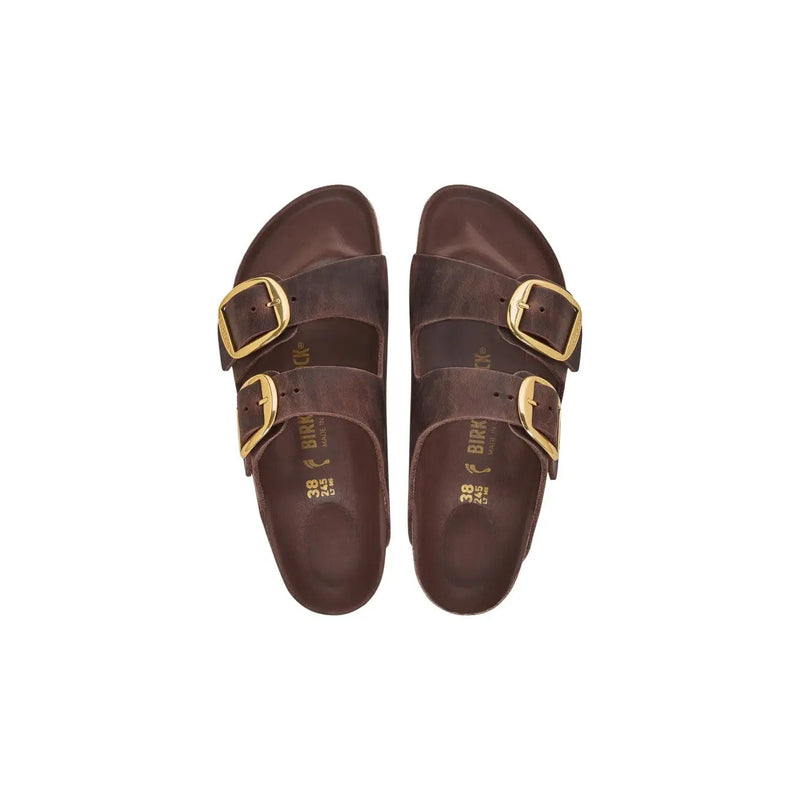 Braune Birkenstock Arizona Damensandalen aus Leder mit goldfarbenen Doppelschnallenriemen für bequemen Tragekomfort