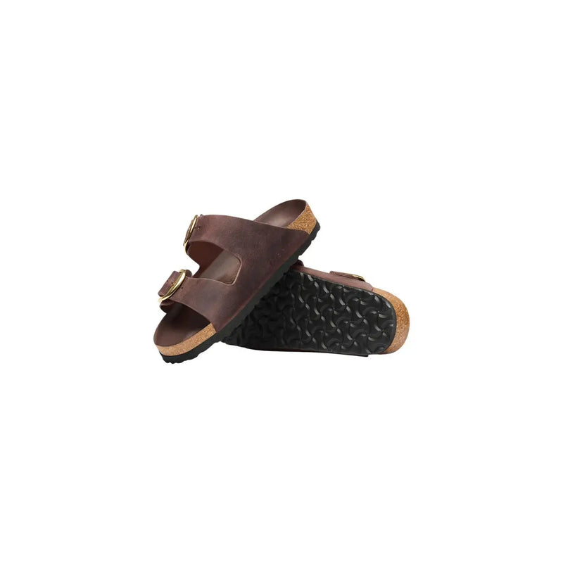 Birkenstock Damen-Ledersandalen Arizona, braun, mit goldfarbenen Schnallen und Korkfußbett für angenehmen Tragekomfort