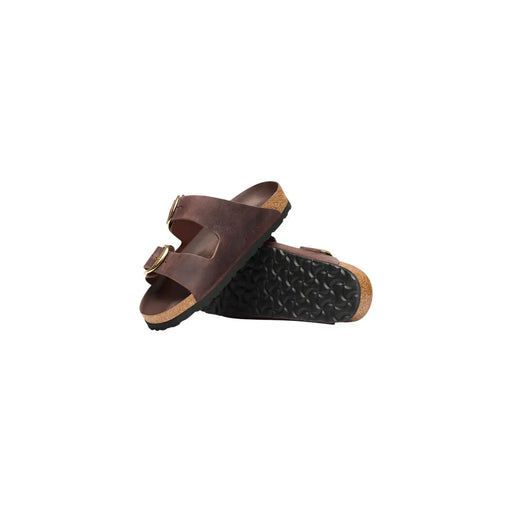 Birkenstock Damen-Ledersandalen Arizona, braun, mit goldfarbenen Schnallen und Korkfußbett für angenehmen Tragekomfort
