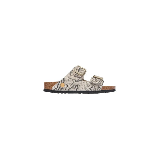 Beige und graue Birkenstock Arizona Sandalen für Damen aus Leder mit Schlangenmuster und zwei verstellbaren Riemen