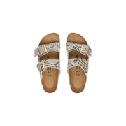 Beige Birkenstock Damen-Ledersandalen im Schlangenmuster, Arizona-Stil, mit goldfarbenen Schnallen und grauen Akzenten