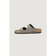 Birkenstock Damen-Ledersandalen, graues Modell Arizona, mit zwei grauen Lederriemen und Korkfußbett