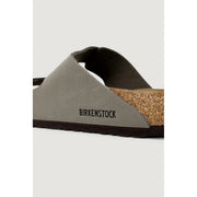 Birkenstock Damen-Ledersandalen Arizona, grau, mit grauem Wildleder-Obermaterial, Korkfußbett und dunkelbrauner Gummisohle