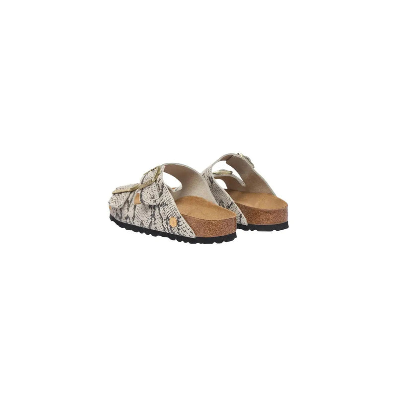Birkenstock Damen-Ledersandalen Arizona, grau, mit Schlangenmuster, goldfarbenen Schnallen und Korkfußbett