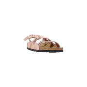 Birkenstock women pink leather slippers with two adjustable straps and gold-tone buckles