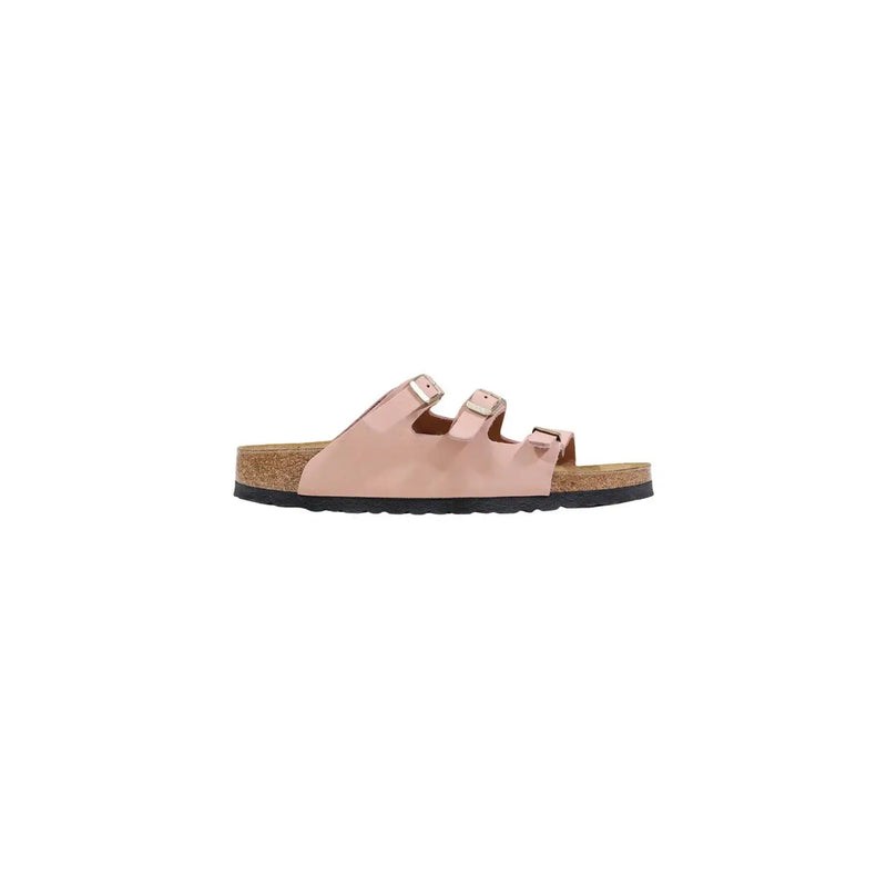 Birkenstock women pink leather slippers buckle featuring pink patent leather Arizona sandal with three adjustable straps and cork footbed