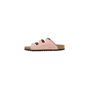 Birkenstock women pink leather slippers with three adjustable buckle straps and cork footbed for comfortable wear
