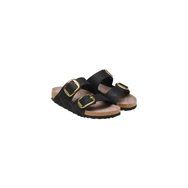 Birkenstock Damen-Sandalen aus schwarzem Kunstleder mit goldfarbenen Schnallen und Korkfußbett für bequemen Tragekomfort