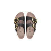 Birkenstock Damen-Sandalen Arizona aus schwarzem Kunstleder mit goldfarbenen Doppelschnallen und strukturiertem Leder-Obermaterial