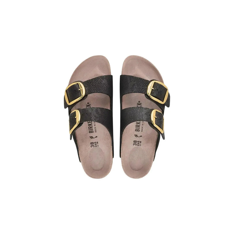Birkenstock Damen-Sandalen Arizona aus schwarzem Kunstleder mit goldfarbenen Doppelschnallen und strukturiertem Leder-Obermaterial