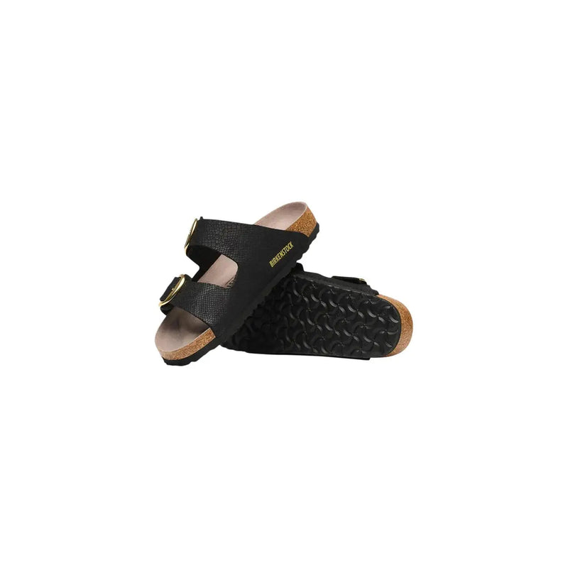 Schwarze Birkenstock Arizona Sandalen für Damen mit goldfarbenen Schnallen und strukturiertem Kunstleder-Obermaterial