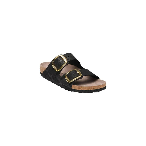 Birkenstock women sandals black faux leather arizona with gold-tone double buckle straps and cork footbed