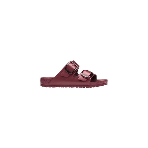 Bordeauxrote Birkenstock Damensandalen mit zwei Riemen und Metallschnallen aus bordeauxfarbenem EVA-Gummi, Modell Arizona