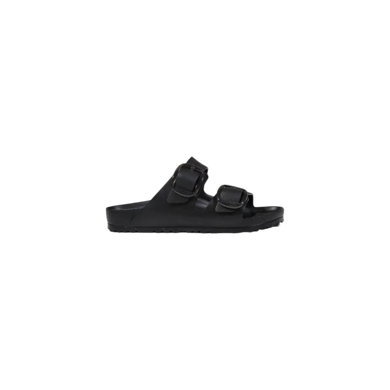 Black birkenstock women slippers with two adjustable straps and contoured footbed made of black rubber
