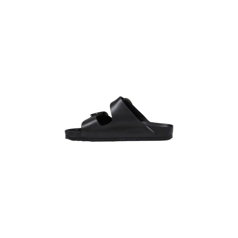 Birkenstock women slippers black rubber with sleek minimalist design and signature black Arizona double-strap closure