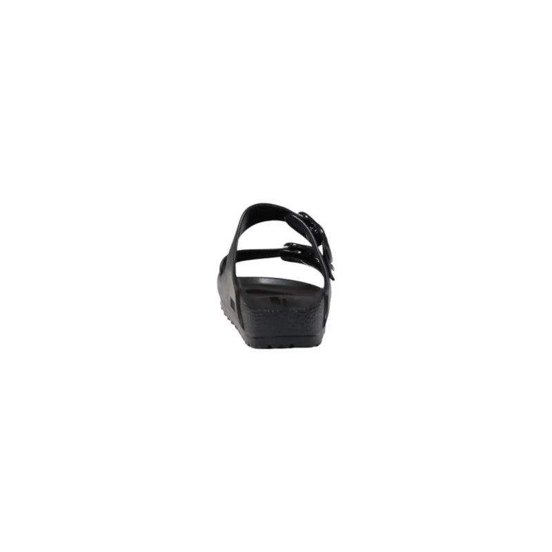 Birkenstock women slippers black rubber sandal with glossy finish and two adjustable straps shown from the back side