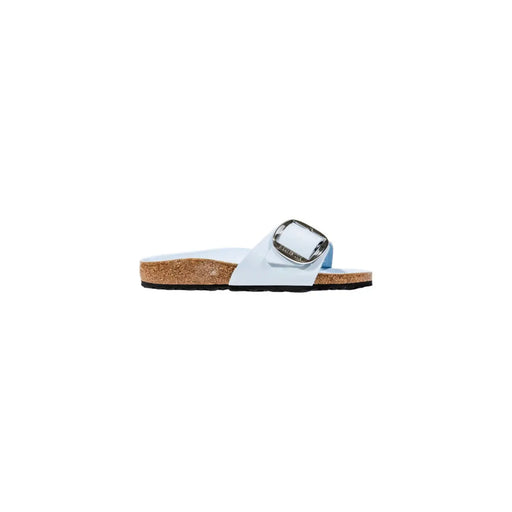 Hellblaue Birkenstock Damenpantoffeln aus Polyester mit silberner Schnalle und Korksohle
