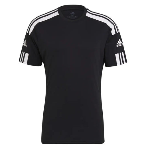 Black Adidas T shirt with white stripes, stylish sportswear for athletes