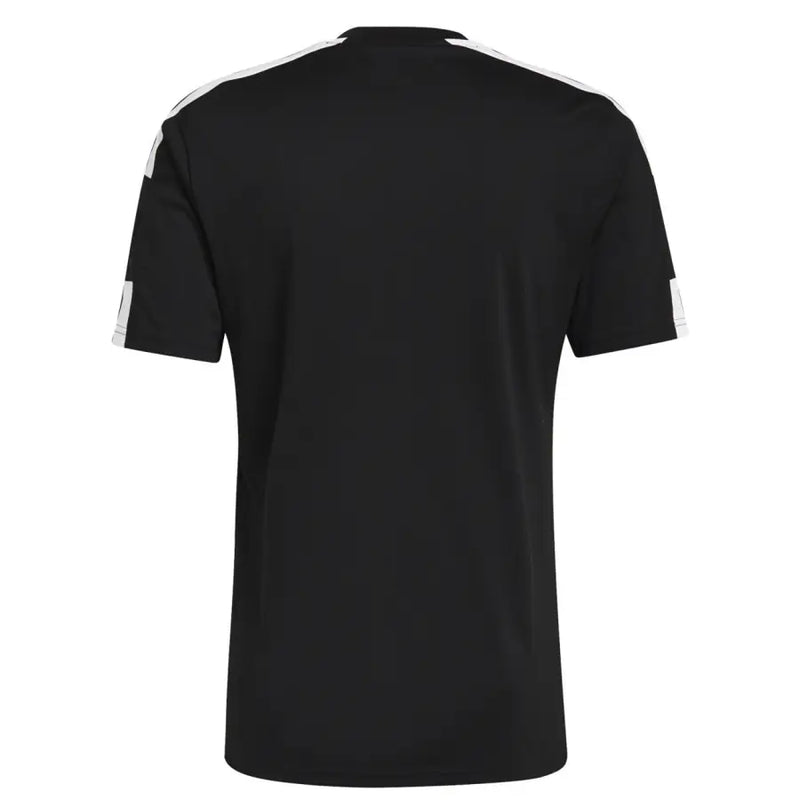 Black Adidas short-sleeved athletic t shirt with white stripes on shoulders and sleeves for sportswear use