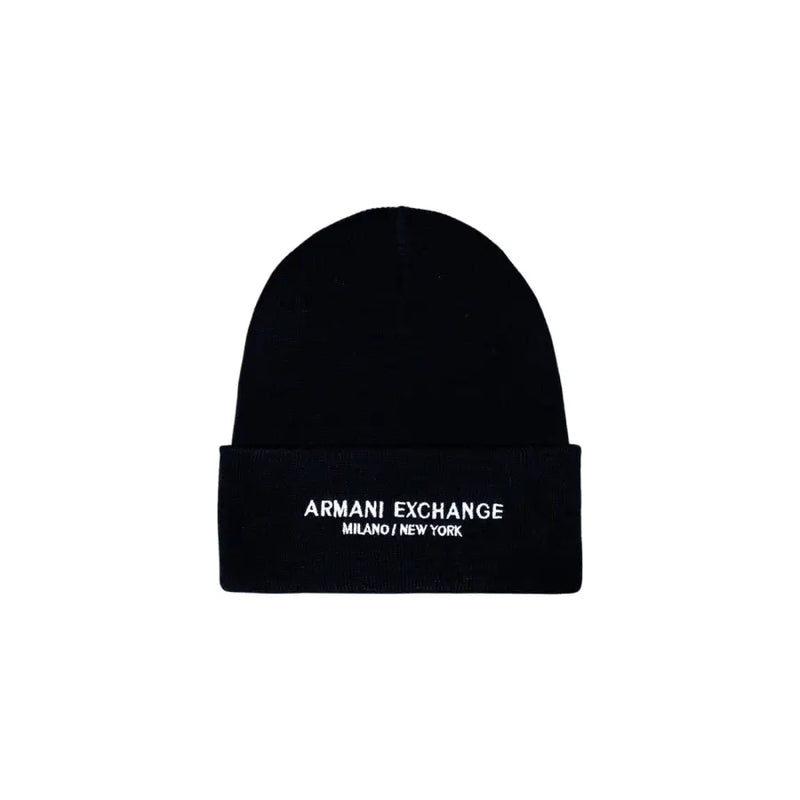 Black Armani Exchange knit beanie displayed on a mannequin for stylish winter wear