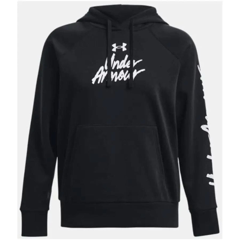 Black Under Armour Women’s Hooded Sweatshirt with White Text and Logo Designs