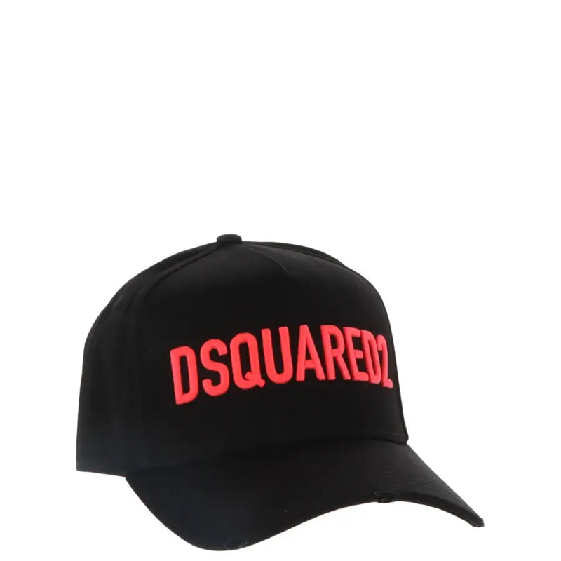 Black dsquared2 baseball cap featuring bold red embroidered logo on black fabric for casual wear