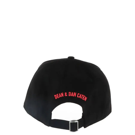 Black baseball cap with red lettering shown as a stylish accessory for men and women