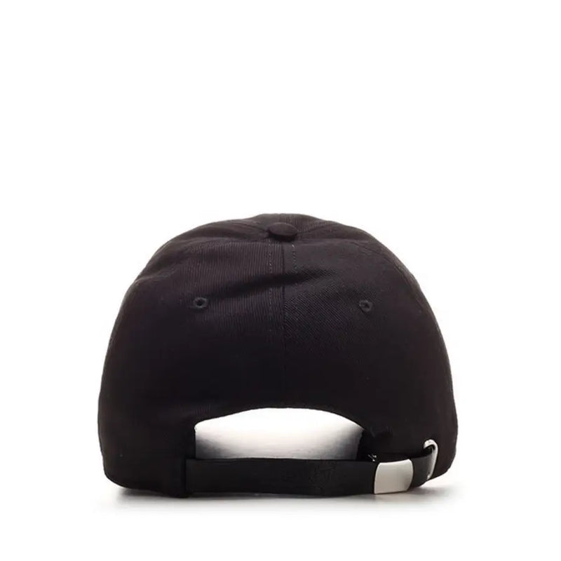 Black baseball cap with white lettering displayed on a product page